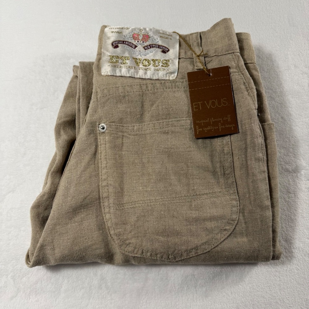 Vtg Et Vous 100% Linen Trousers Women 26x29 Tan Old Money Straight Leg Pants New
